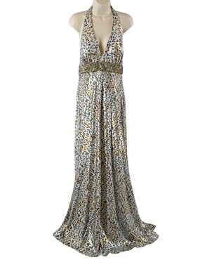 Tony Bowls Gold and White Leopard Halter Backless Evening Gown